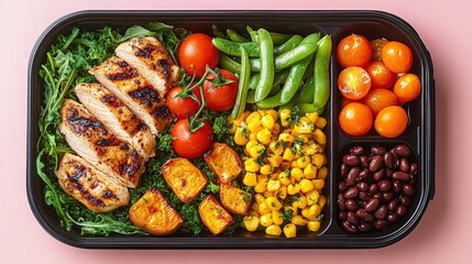 Healthy meal prep container with grilled chicken breast, cherry tomatoes, snap peas, roasted pumpkin, seasoned corn, black beans on leafy greens background