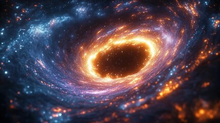 A luminous swirling cosmic vortex with a radiant golden center surrounded by sparkling blue and orange stars in deep space