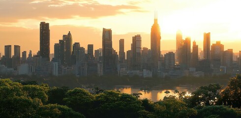 Sunset over a dense city skyline with a mixture of modern high-rise buildings and a foreground of lush green trees and water reflecting the golden light