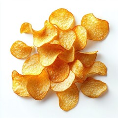 Crispy golden potato chips scattered on a white background showcasing their crunchy texture and appealing seasoning