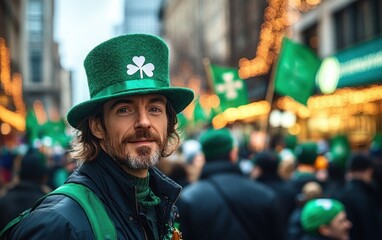 Man wearing a large green hat with a white clover symbol smiling amidst a festive crowd with green flags and warm lights in an urban street setting