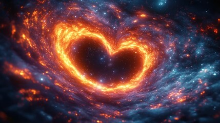 A glowing heart-shaped fiery vortex surrounded by a swirling cosmic nebula filled with stars and glowing gas clouds