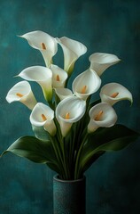 Elegant bouquet of white calla lilies with large green leaves arranged in a textured dark vase against a deep teal background