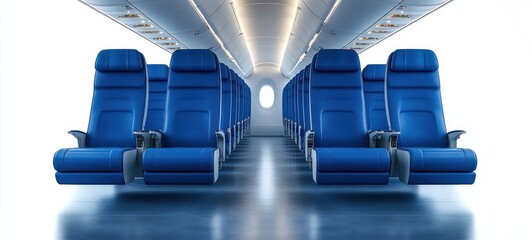 Empty airplane cabin with rows of blue leather seats and overhead storage compartments under soft lighting