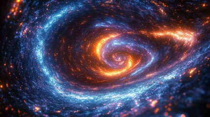 Colorful swirling galaxy with bright glowing stars in blue and orange tones creating a mesmerizing cosmic spiral