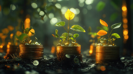 Investment concept shown by green plants growing steadily from stacked piles of golden coins