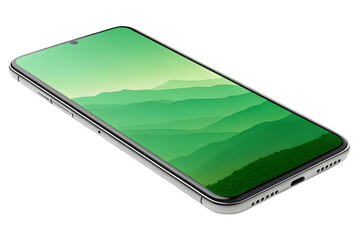 Smartphone isolated on transparent background displaying green landscape