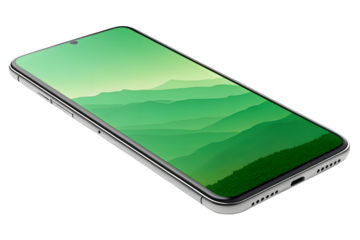 Smartphone isolated on transparent background displaying green landscape