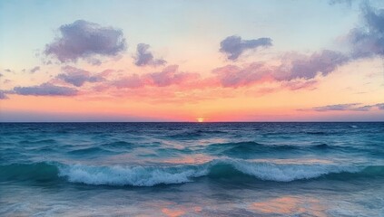 Obraz premium Calm ocean waves during a colorful sunset with soft clouds reflecting warm pink and orange hues over the horizon