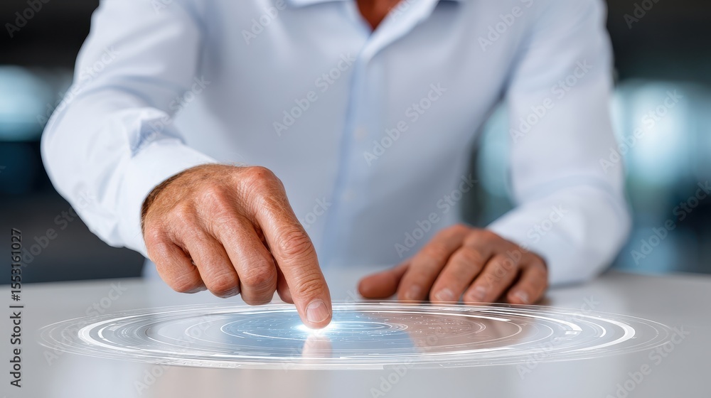 Aufkleber man interacting with glowing digital interface on table