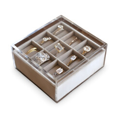Jewelry Showcase: An elegant display of radiant engagement rings, sparkling with dazzling diamonds, carefully arranged within a transparent jewelry box. A symbol of enduring love and luxury.
