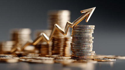 Coins stack with rising arrow reflects savings growth deflation and banking interest concept