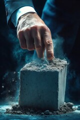 Close-up of a person's hand crushing a block of dry soil or ash, dust particles rising in dramatic lighting