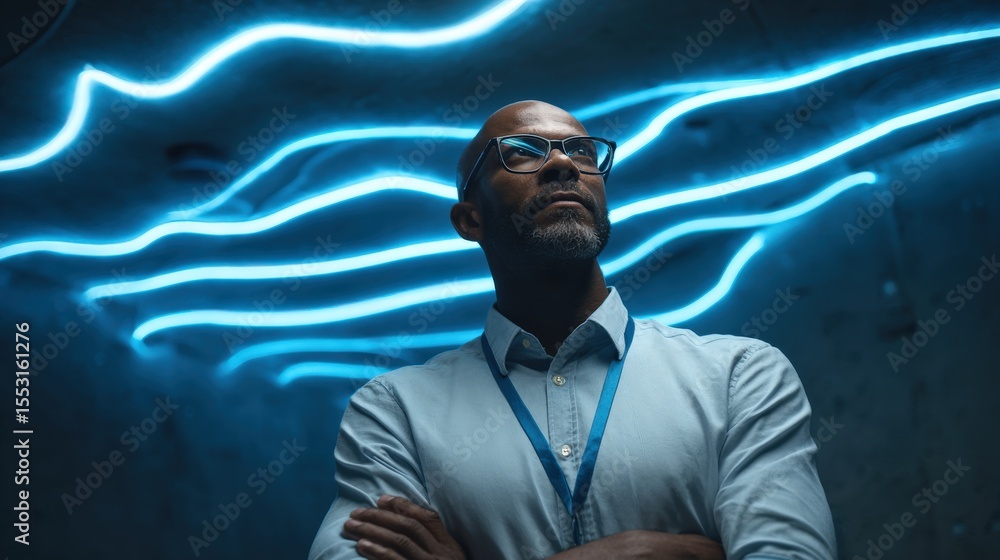 Wall mural chief technology officer monitoring cloud infrastructure with neon data lines in background.