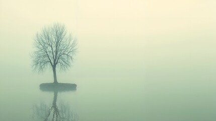 Lonely tree in the middle of calm reflective water surrounded by thick fog.