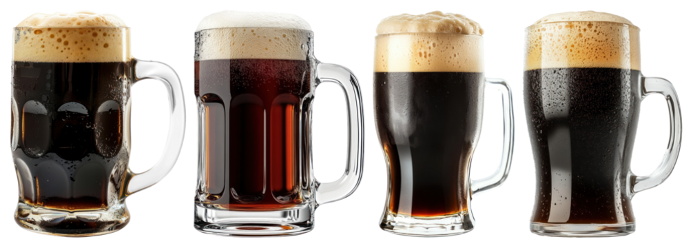PNG Four mugs of dark beer with frothy heads in a row element set on transparent background.