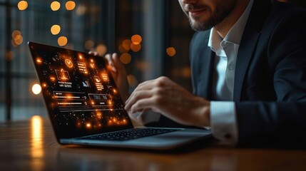 man in suit using laptop with glowing futuristic digital interface in dimly lit modern office environment