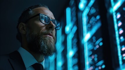 Chief Technology Officer monitoring cloud infrastructure with neon data lines in background.