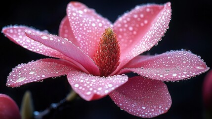 close-up of a pink flower covered in water droplets against a dark background showcasing delicate petals and central stigma
