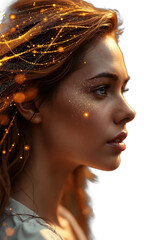 A visionary female in sun-kissed bronze, her hair shaped into flowing waves of golden code, symbolizing digital intuition, seamless branding