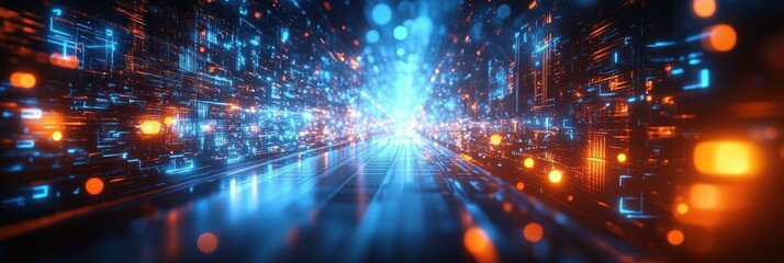 Futuristic digital corridor with glowing blue and orange lights and abstract data streams creating a sense of high-tech movement and energy