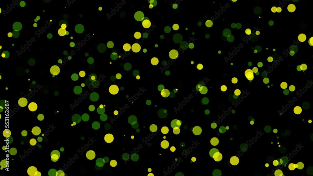 Poster animation loop yellow green bokeh particles flow on black abstract background. animation of fiery gr