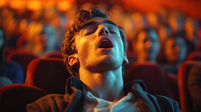 Young man sleeping with mouth open in darkened movie theater surrounded by blurred audience