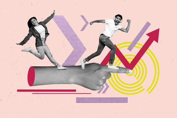 Creative pop collage of people run effort on human hand touch line buttons on pink background