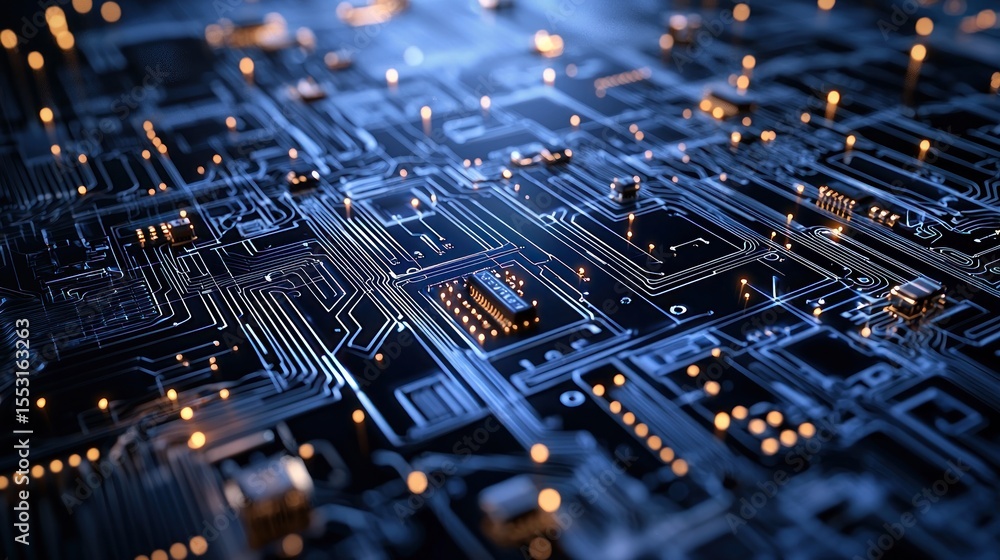 Poster close-up view of intricate circuit board pathways.