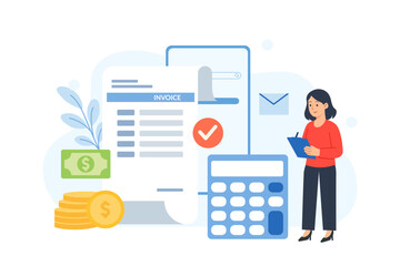 Online invoice payment, electronic invoice, payroll online payment concept, invoice sheet, Calculate salary, budget, Salary, salary payroll system, automatic payment. Vector illustration