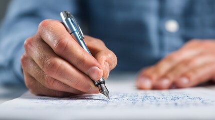 Close-up of a man writing with a fountain pen on white paper