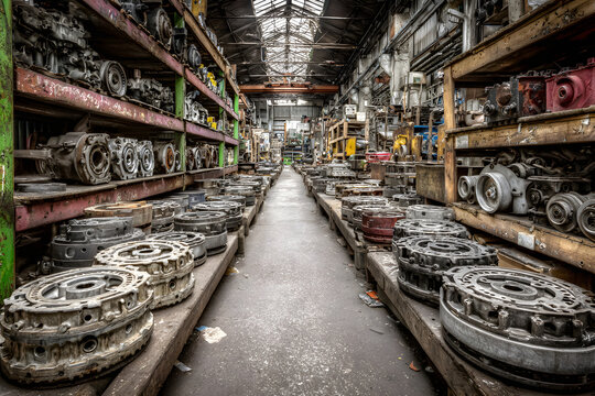 Warehouse of used engines and parts organized for sale to auto centers and junkyards