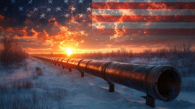 Long industrial pipeline stretching across a snowy landscape at sunset with an overlay of a faded American flag in the sky