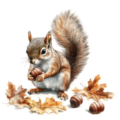Squirrel Gathering Acorns Quickly, watercolor illustration vector, isolated on a white background. © AMIDCO