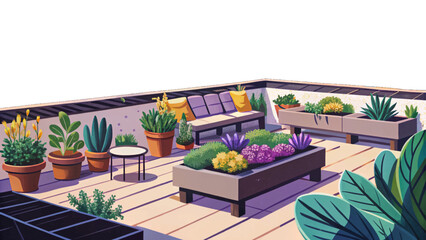 Obraz premium Modern urban rooftop garden with minimalist design, clean lines, potted plants, and city skyline vector perfect for eco-living and contemporary architecture themes