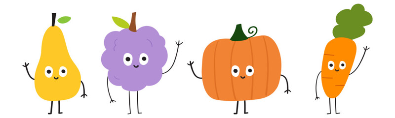 Cute funny fruits and vegetables. Pear, grapes, pumpkin, carrot. Flat vector illustration design on white background.