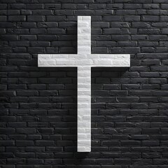 3D white brick cross on a black brick wall background