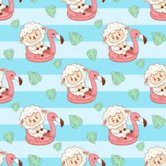 Seamless pattern with Cute summer Sheep on pink flamingo pool on striped blue background with tropical leaves. Funny Beach kawaii Farm Animal character. Vector illustration. Kids collection