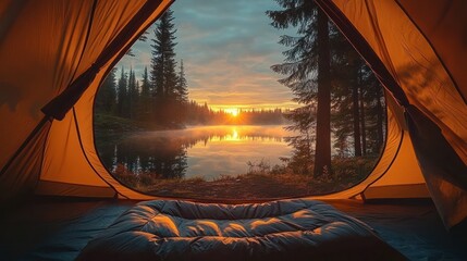 View of a serene sunrise over a calm lake surrounded by tall pine trees as seen from the inside of a tent with a sleeping bag