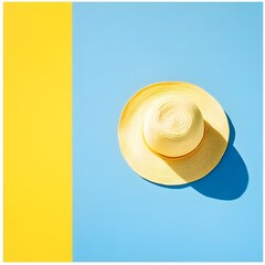 Summer mood and yellow straw hat on color block background. Bright and eye-catching minimalist composition featuring a yellow straw sunhat placed on a split yellow and blue background. T
