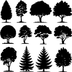 Black tree silhouettes on a white background various tree shapes including fir and deciduous trees vector illustration
