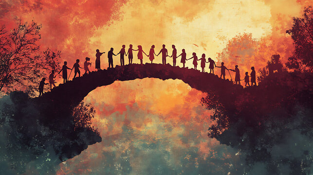 People of all ages building a bridge together, symbolizing cooperation and empowerment.