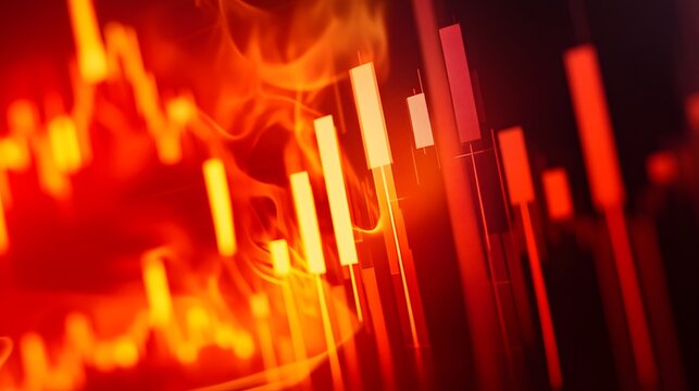 Financial Flames: Burning red flames intertwine with financial charts, vividly depicting market volatility and economic fluctuations, symbolizing the heat and intensity of the financial world.