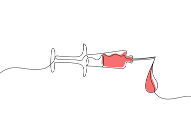 Minimalist Continuous one line vector of a syringe with red fluid and a blood drop at the needle tip, symbolizing medical injection or blood test. Editable stroke