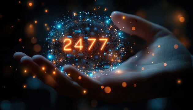 Close-up of a human hand holding a glowing futuristic digital sphere with floating numbers and light particles evoking advanced technology and innovation
