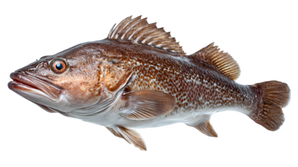 Whole raw Atlantic cod fish (different angle), isolated on a clean white background,
