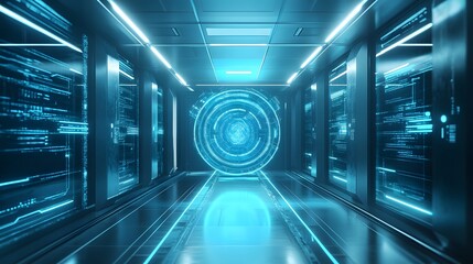 Neon Data Hub: A futuristic, high-tech data center pulses with cool blue neon, depicting the heart of modern information technology. Reflective surfaces amplify the futuristic aesthetic.