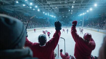 Colorful shot of ice arena with cheering hockey players celebrating near opposing team net.