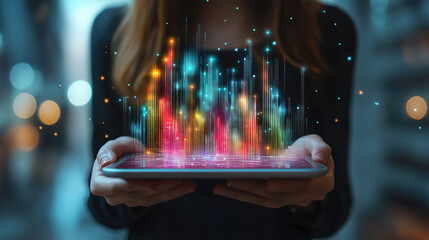 Businesswoman holds tablet showing virtual graph with growing chart and digital statistics