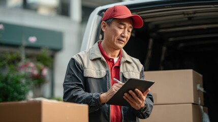 Confident Asian delivery man reviewing order on tablet with cardboard box placed on vehicle.